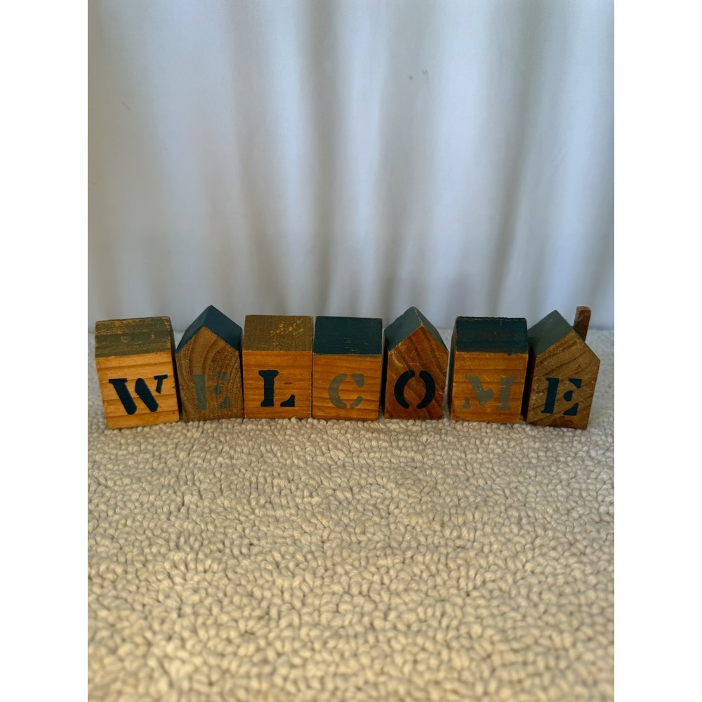 Rustic Wooden Welcome House Blocks Farmhouse Primitive Shelf Decor Set of 7 - Picture 1 of 9